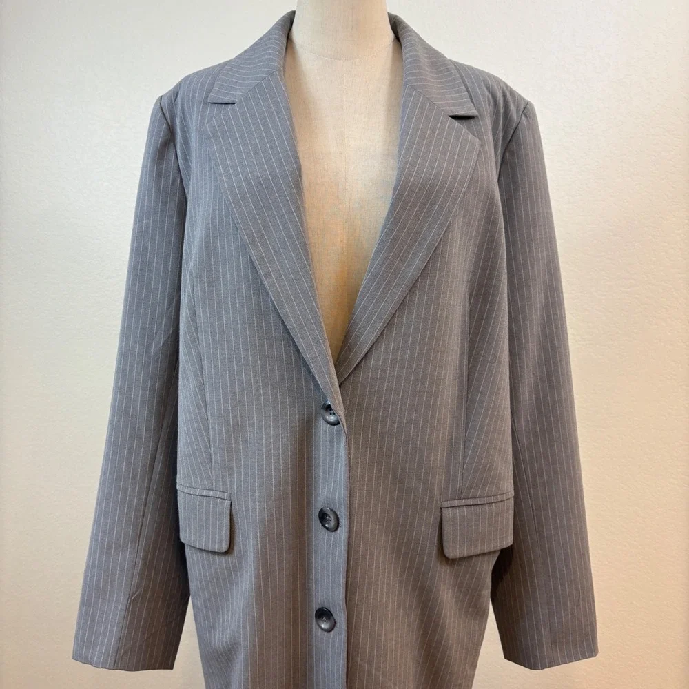 WAYF Pinstripe Longline Blazer Women Large Grey Duster Coat Jacket Minimalist